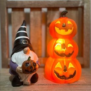 LED Light Up Stacked Pumpkins & Adorable Halloween Gnome w/ a Jack O’ Lantern